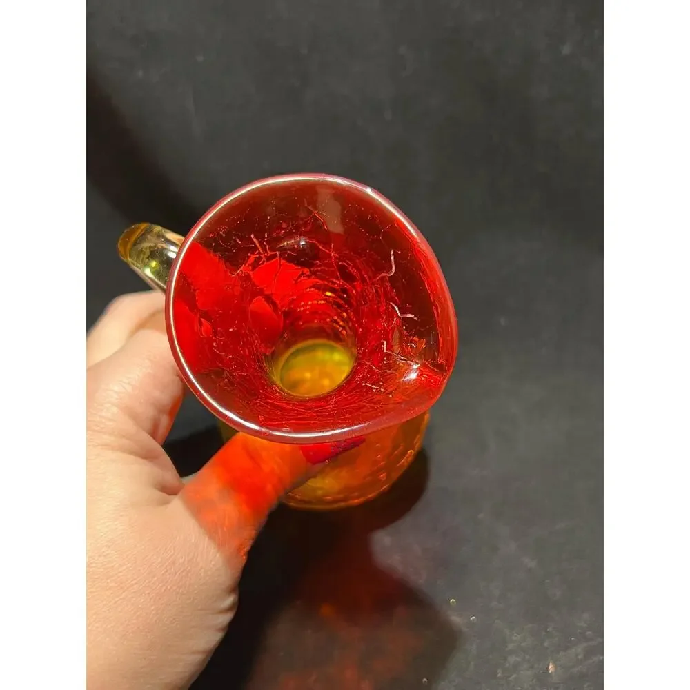 Hand Blown Glass Creamer Pitcher, Orange Fade, Crackle Glass
